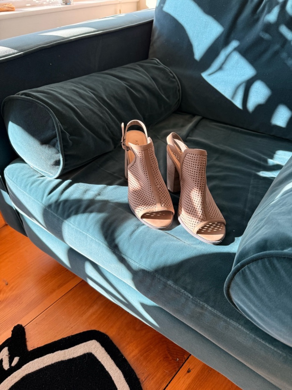 Women's Taupe Perforated Peep-Toe Block Heel Sandals